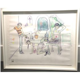 dessin coloré de trois personnages dans des positions suggestives