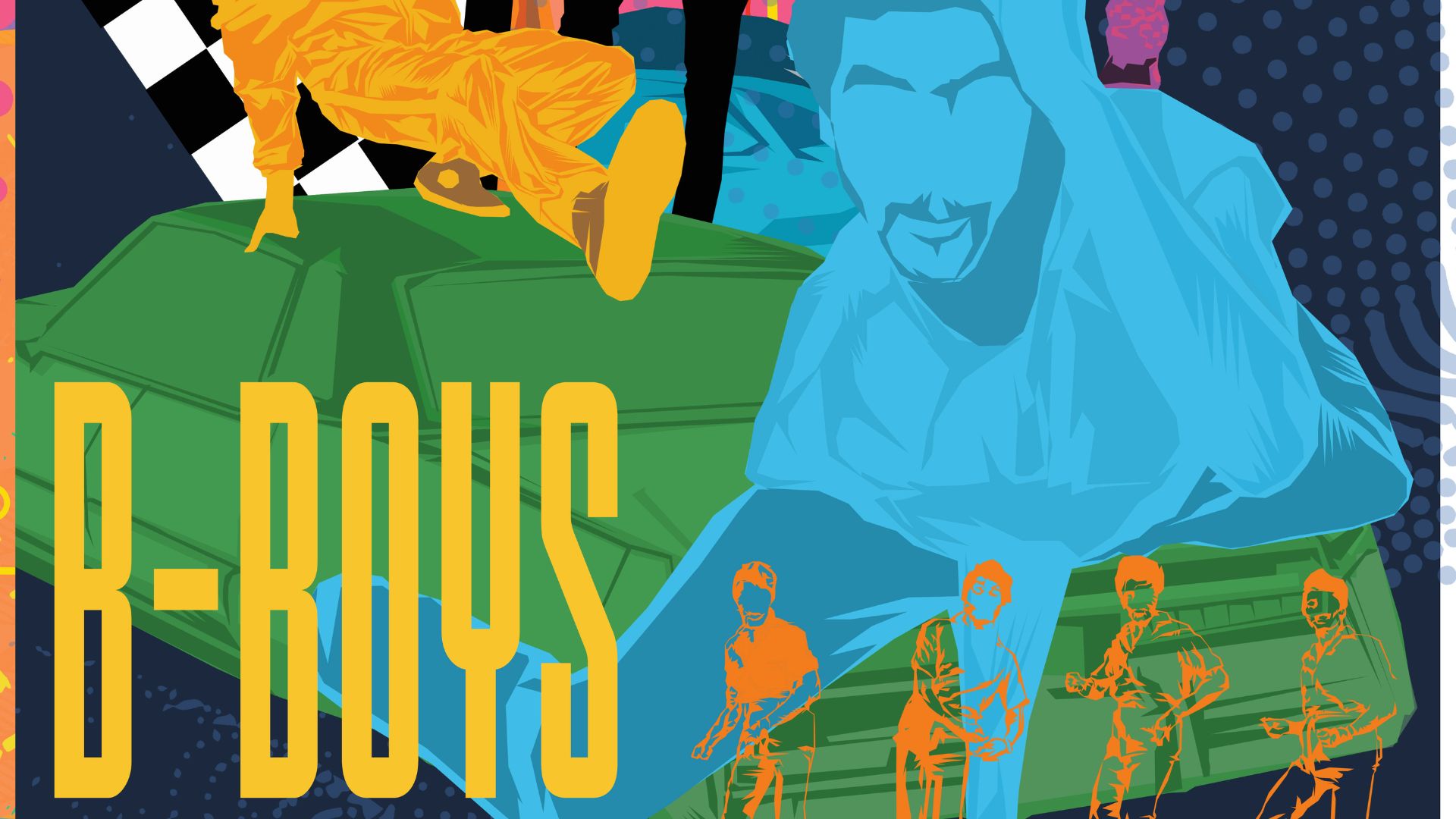 une illustration de couleurs vives avec b-boys