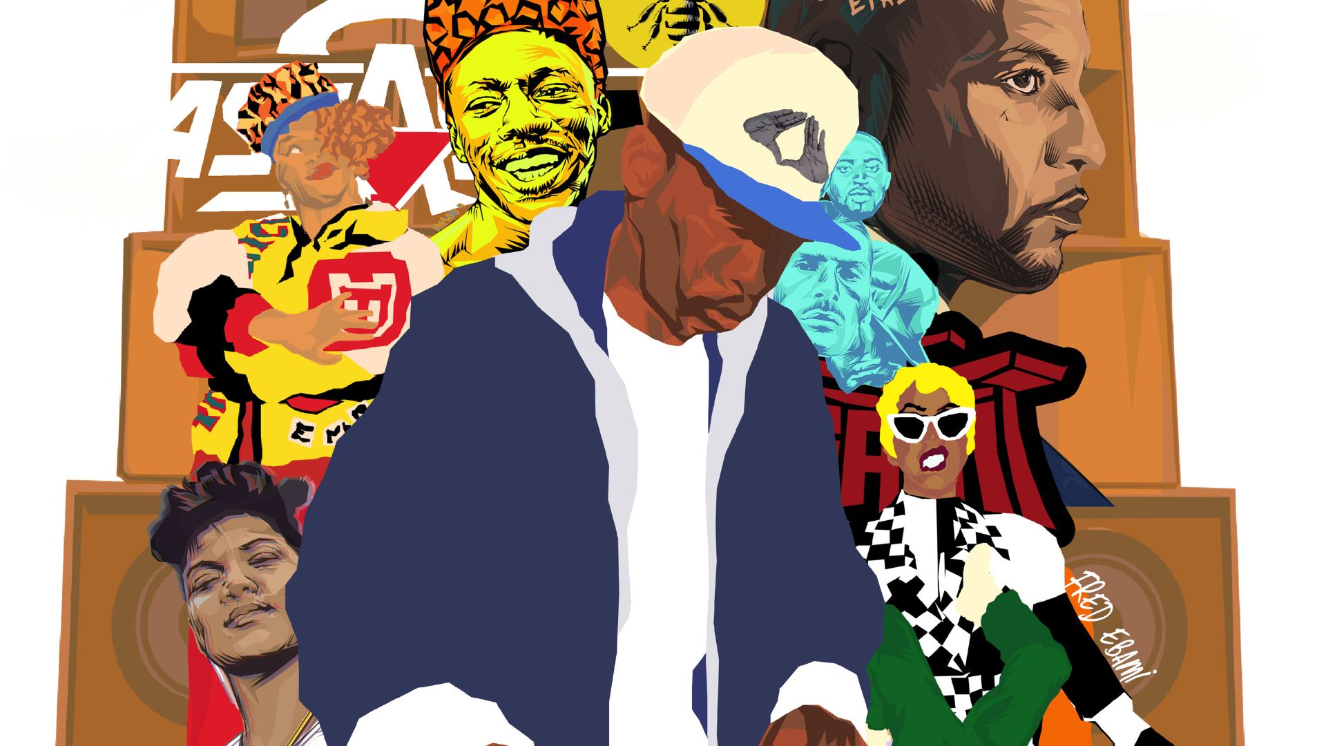 image d'un DJ et personnages de Hip Hop en couleurs vives