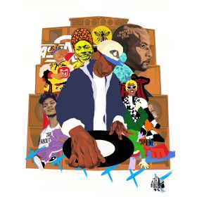 image d'un DJ et personnages de Hip Hop en couleurs vives