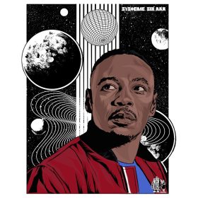 une illustration avec personnage de hip hop et planètes