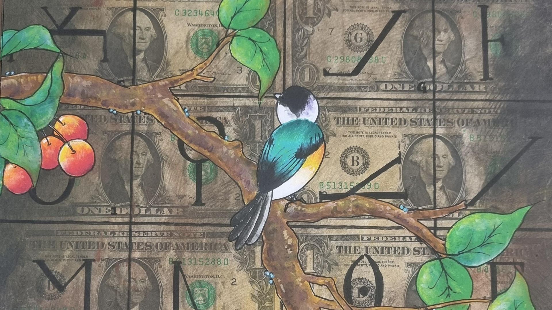 oiseau sur une branche peint sur les billets de banque