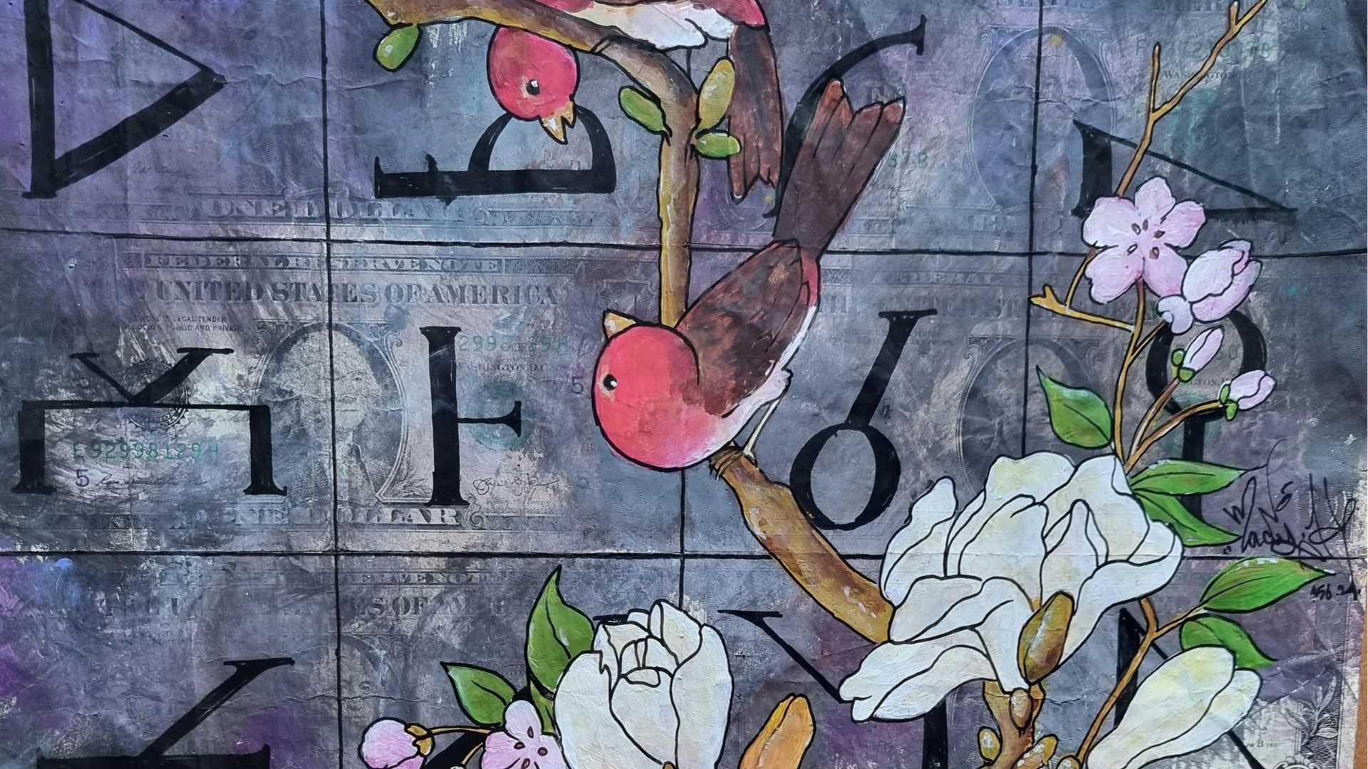 oiseaux sur une branche en fleur peint sur billets de banque